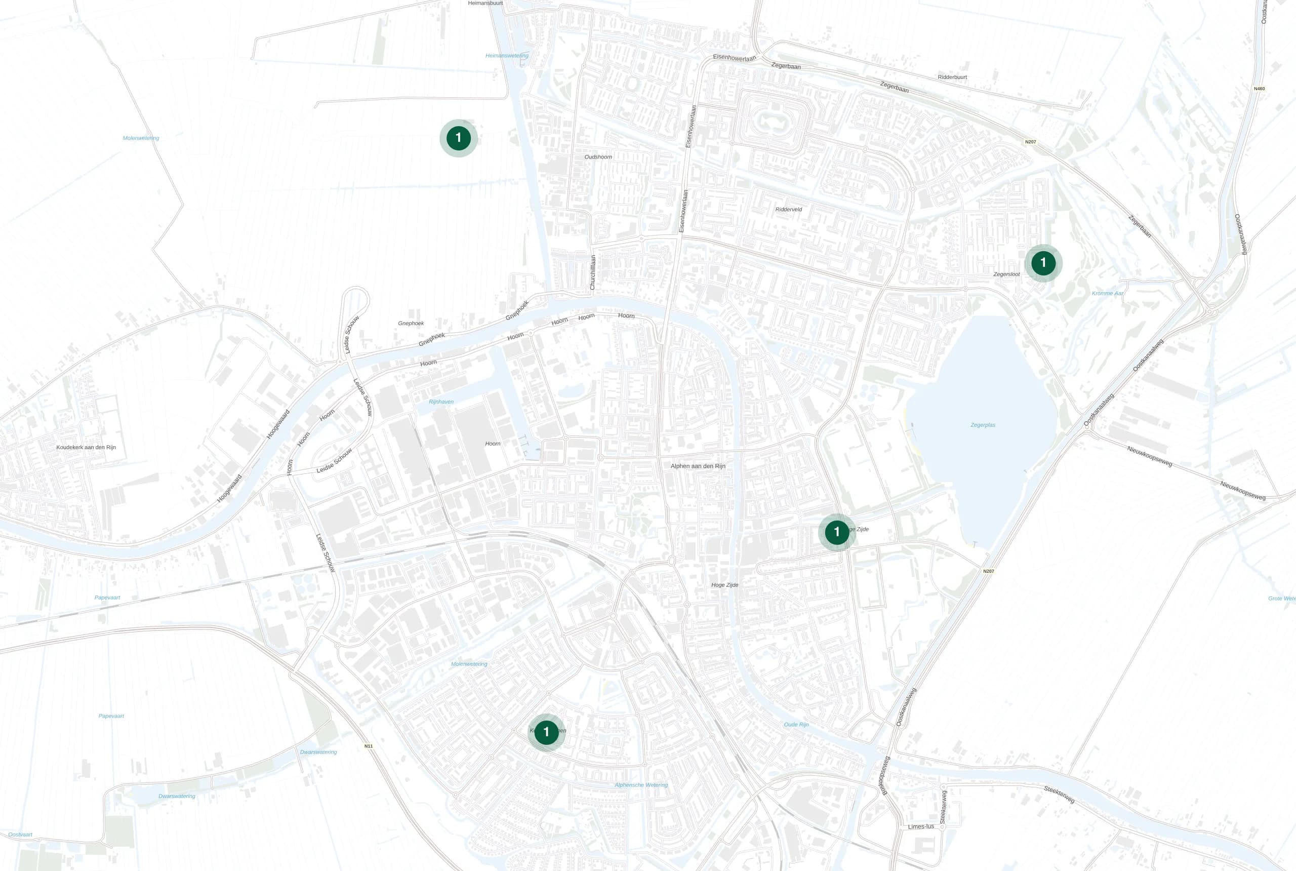 Kaart van Alphen aan den Rijn met de plekken waar Holie Pizza catering verzorgde