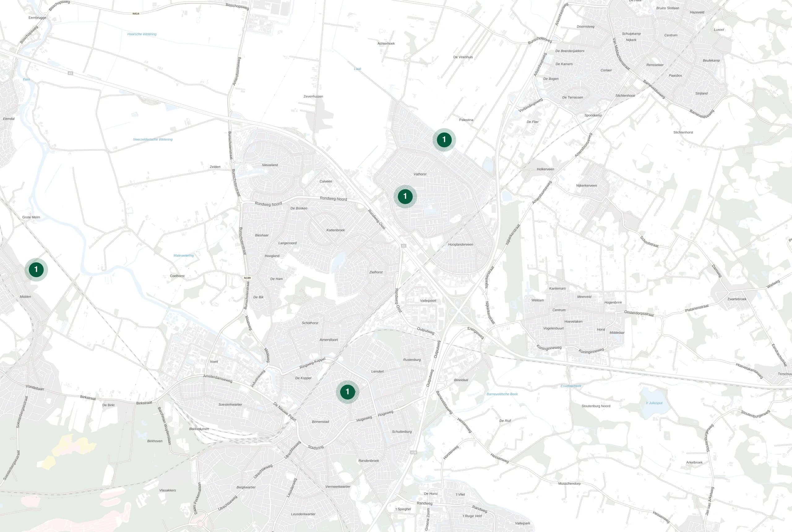 Kaart van Amersfoort met de plekken waar Holie Pizza catering verzorgde