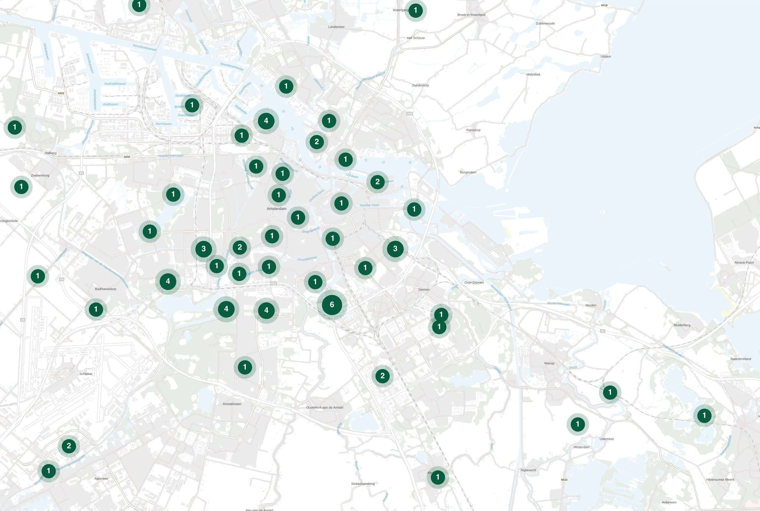 Kaart van Amsterdam met de plekken waar Holie Pizza catering verzorgde