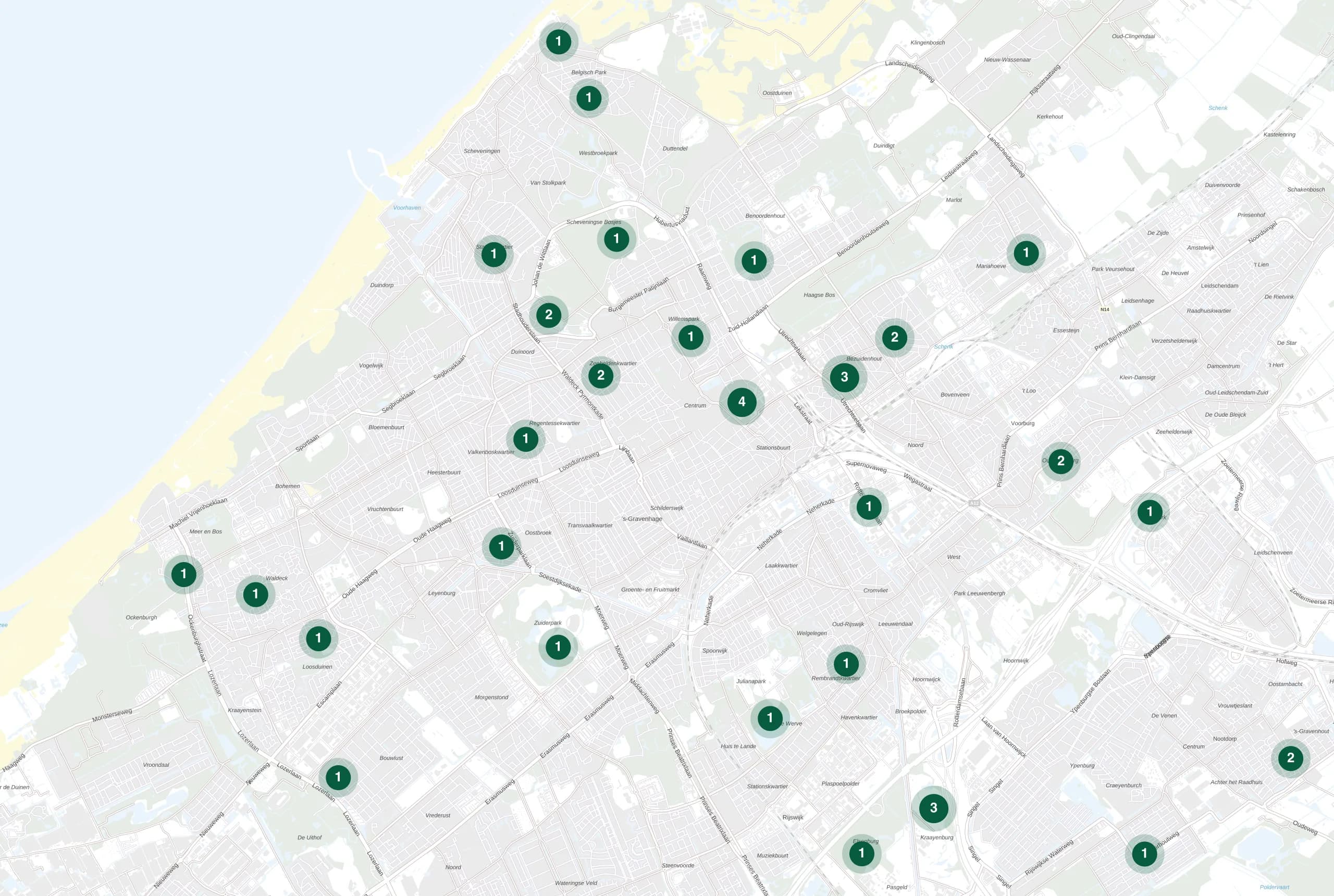 Kaart van Den Haag met de plekken waar Holie Pizza catering verzorgde