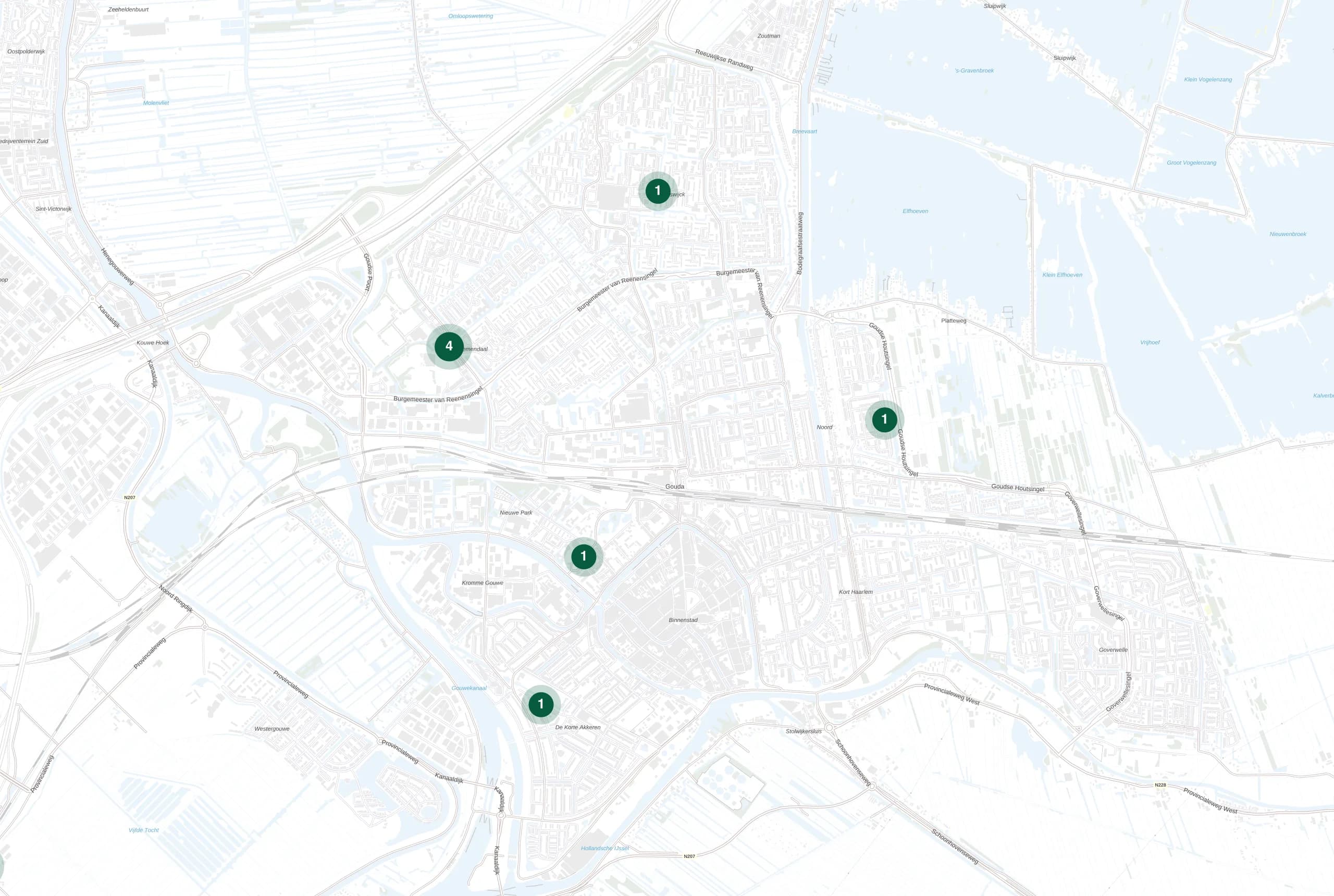 Kaart van Gouda met de plekken waar Holie Pizza catering verzorgde