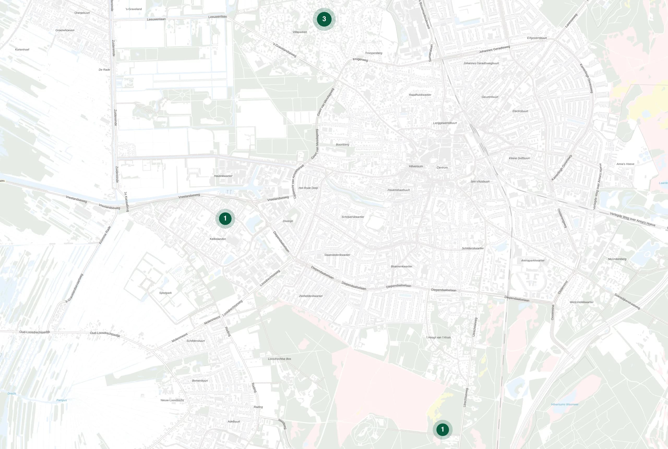 Kaart van Hilversum met de plekken waar Holie Pizza catering verzorgde