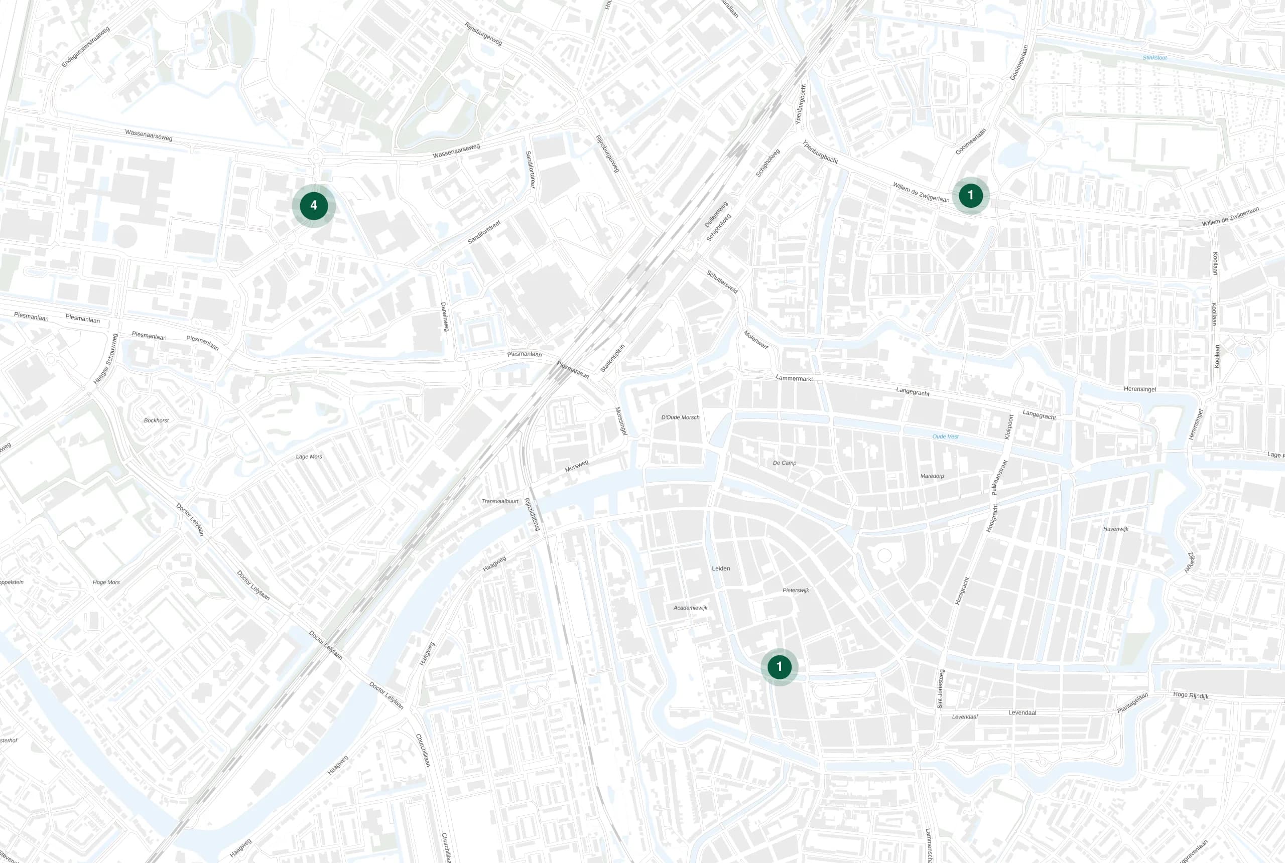 Kaart van Leiden met de plekken waar Holie Pizza catering verzorgde