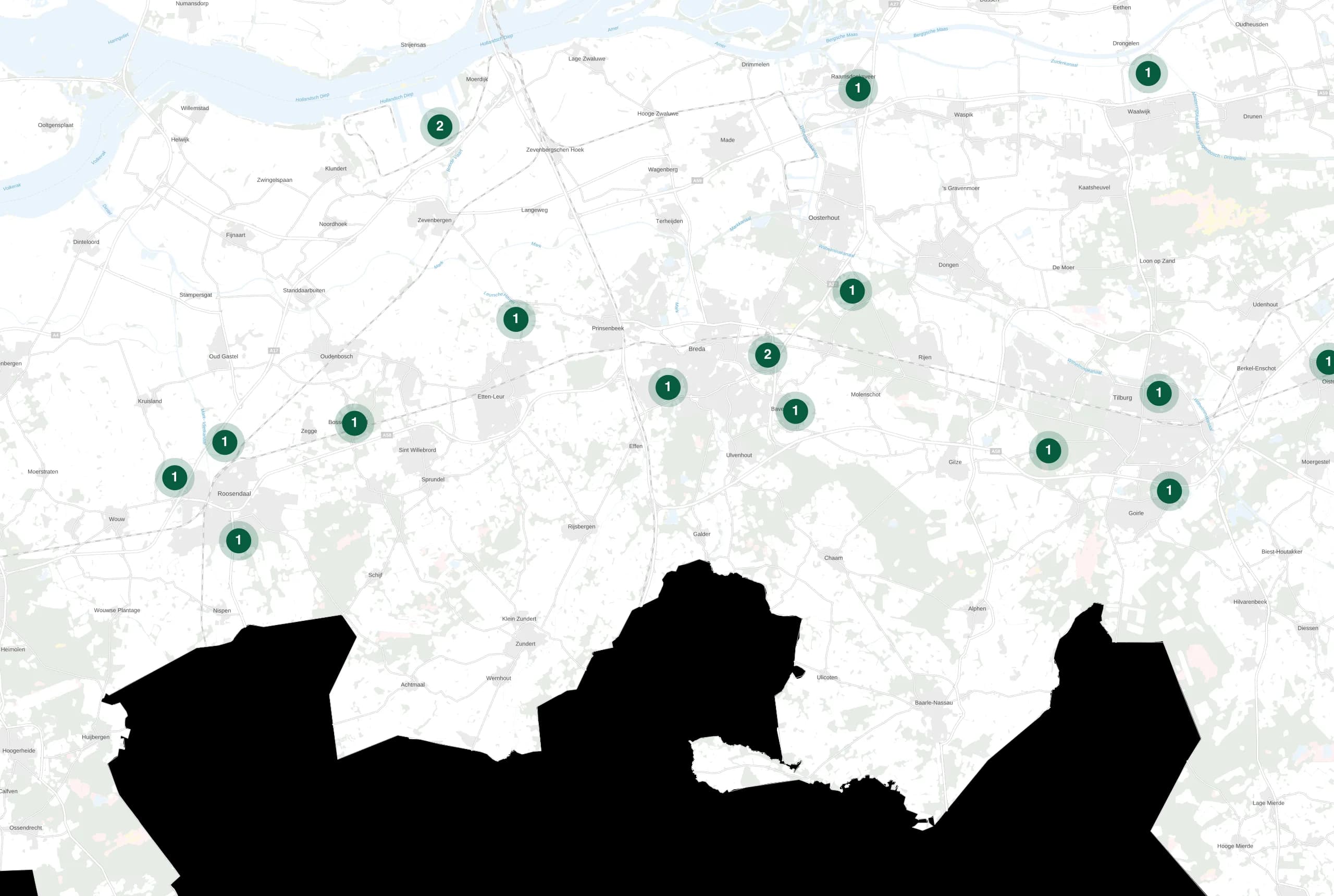 Kaart van Noord-Brabant met de plekken waar Holie Pizza catering verzorgde
