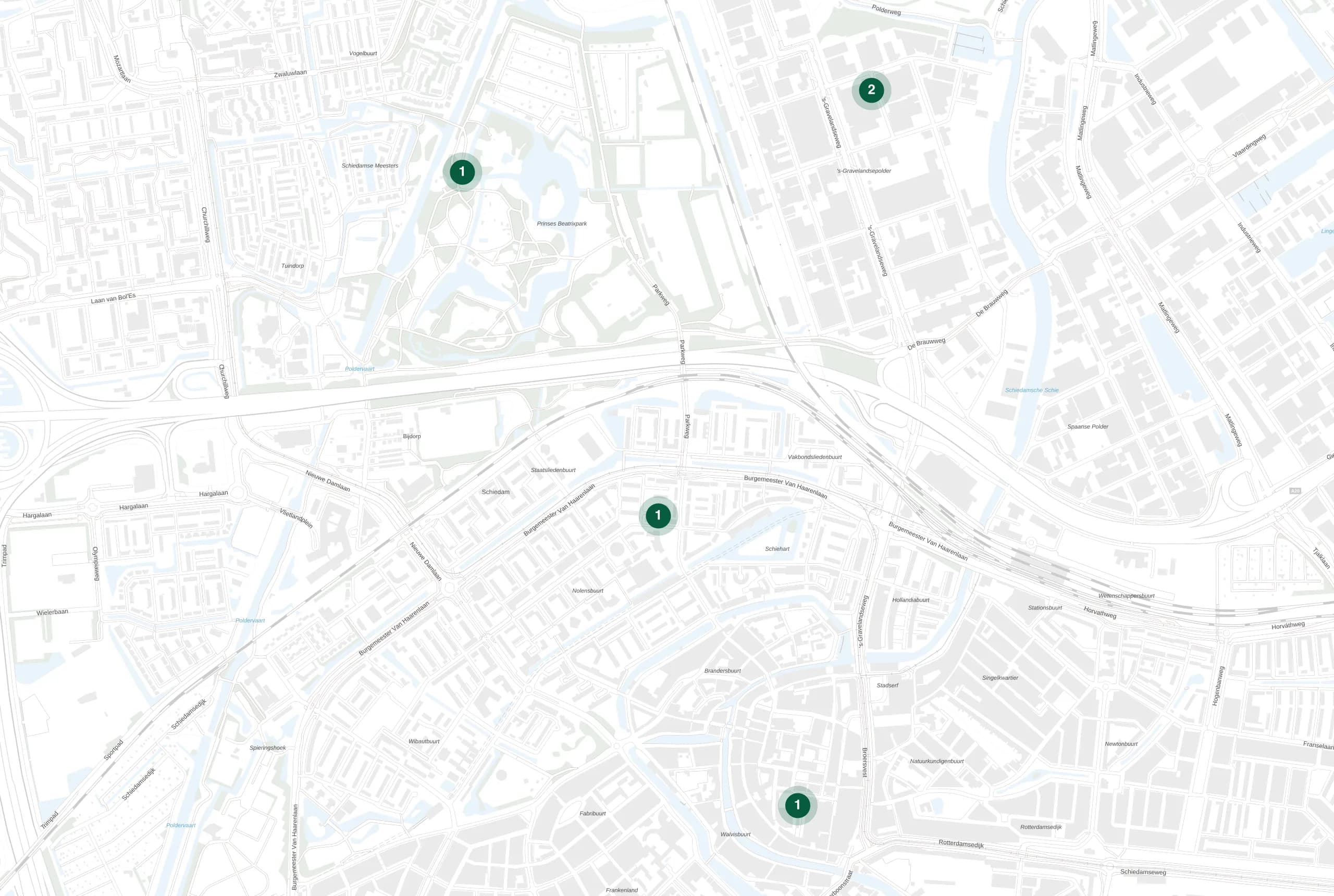 Kaart van Schiedam met de plekken waar Holie Pizza catering verzorgde