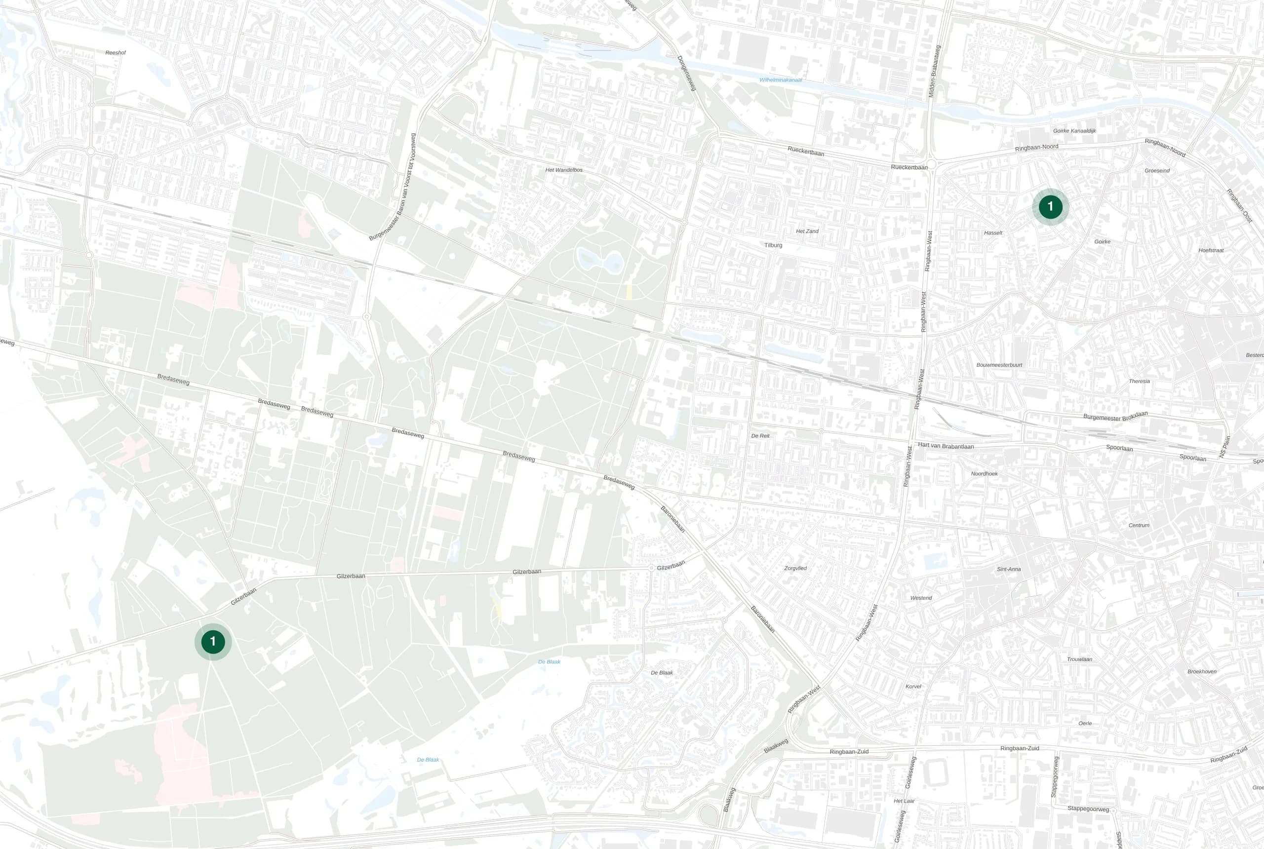 Kaart van Tilburg met de plekken waar Holie Pizza catering verzorgde