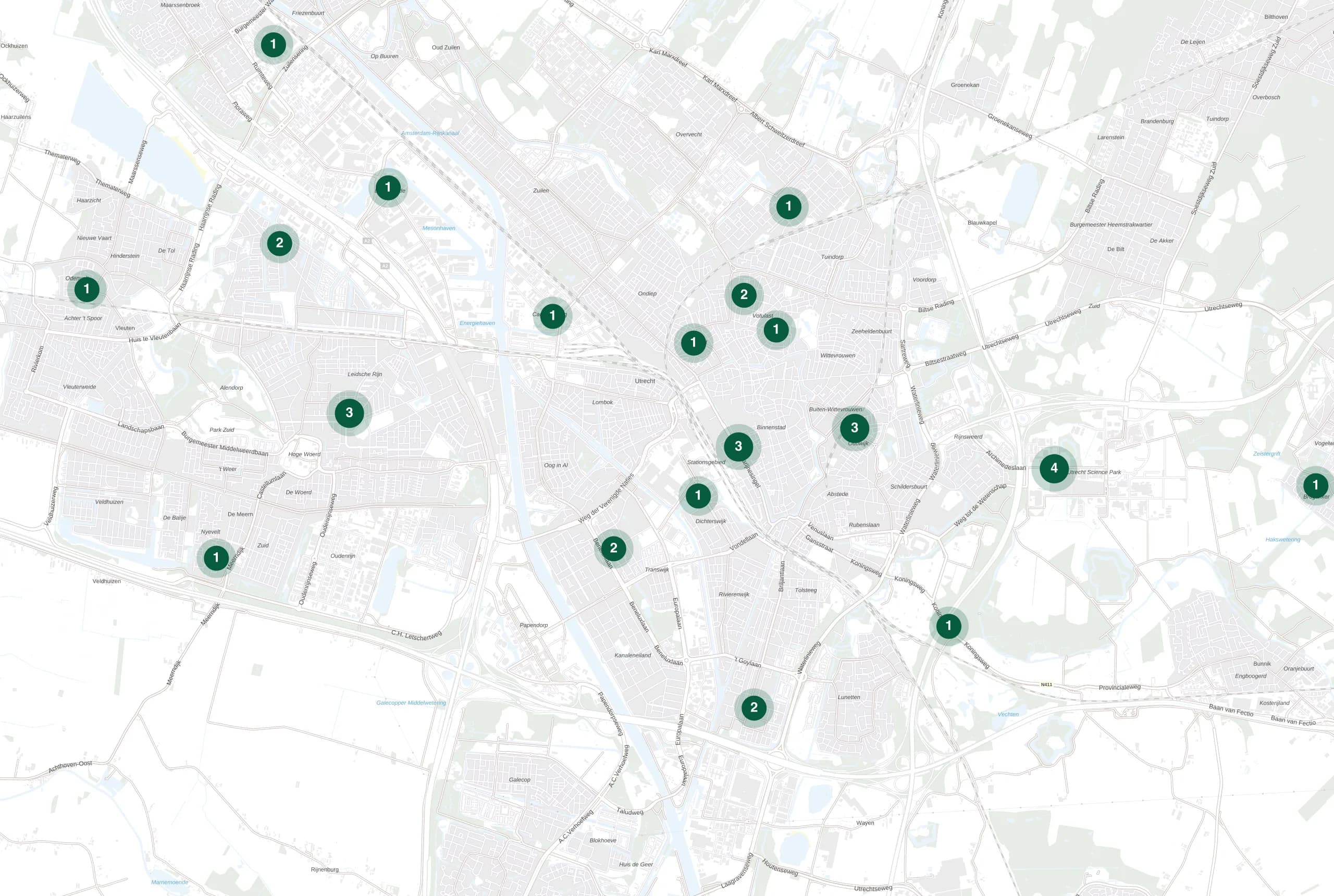 Kaart van Utrecht met de plekken waar Holie Pizza catering verzorgde